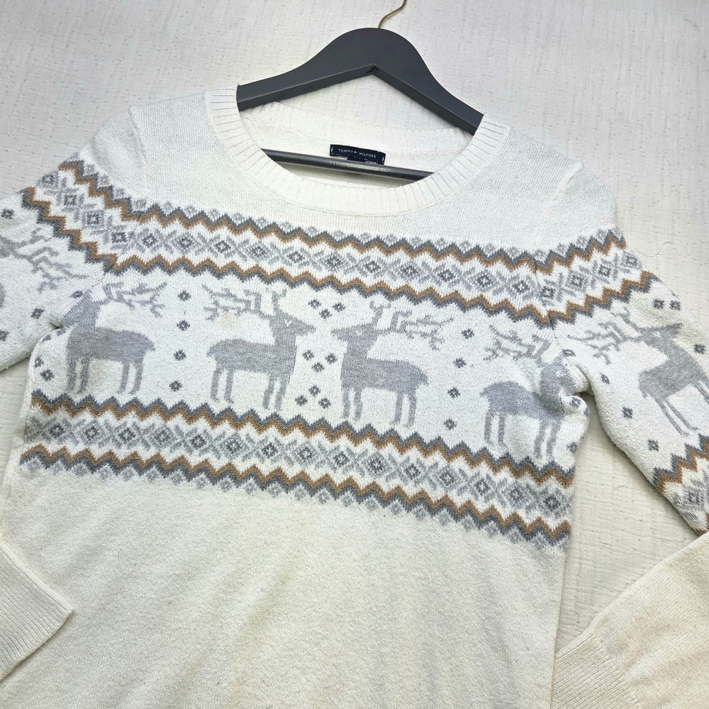 Tommy Hilfiger Womens Fair Isle Reindeer Sweater Cream White Knit Size M